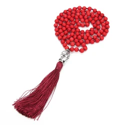 Boho 108 Mala Beaded Knotted  Jewelry Meditation Declaration Prayer Buddha Head Tassel Pendant Long Necklace For Men and Women