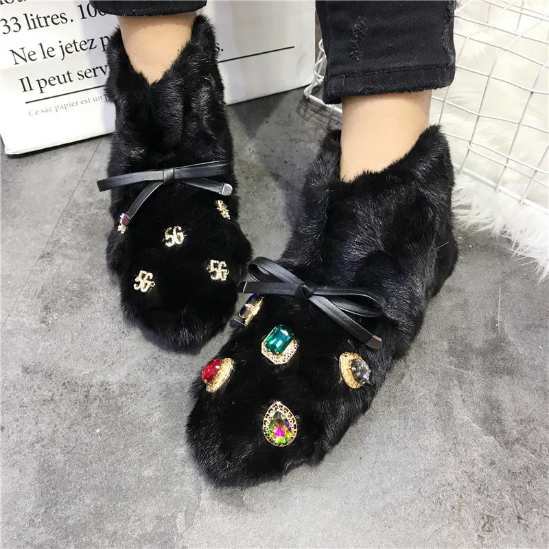 Crystal Decor Women Winter Warm Fur Booties Flat Botas Mujer Casual Ankle Boot Thick Sole Platform Shoes Ladies Snow Boots