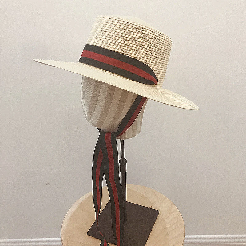 

Women's Summer Hat Sun Protection Cap Female Flat Top Wide Brim Hat Colorful Ribbon Decoration Girl Straw Hat Beach Hat Sun Hat