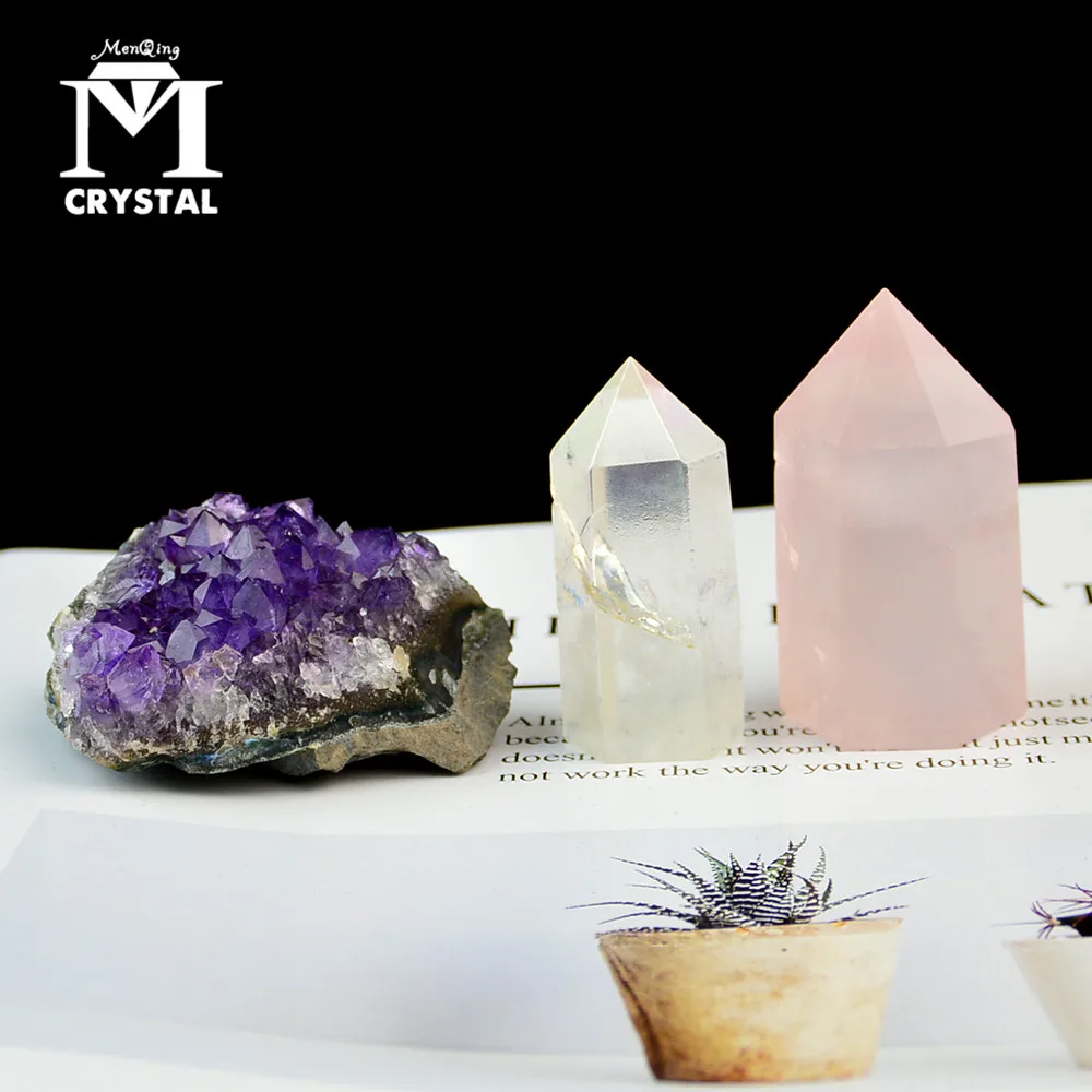 

1set Natural rose clear quartz Hexagonal Column amethyst cluster Healing Wand Mineral Crystal Gemstones For Yoga