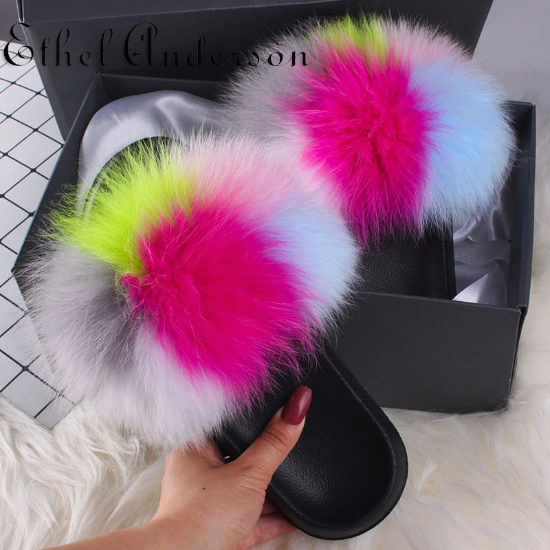 2021 New Summer Fashion Women Slippers Fur Slides Real Fox Fur Slipper Indoor Beautiful Flip Flops Girl Real Fox Slippers Furry