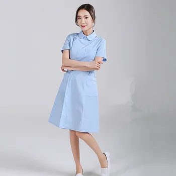 Hemşire üniforması kısa kollu yazlık elbise kadın kısmi göğüslü pembe beyaz slim-fit güzellik salonu eczane diş cilt yönetimi