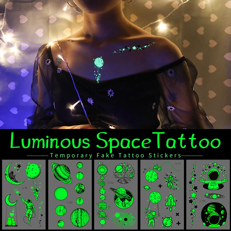 Rocooart Luminous Tattoo Stickers Cartoon  Spaceman Planet Tattoo For Children Glowing Dark Taty Waterproof  Body Art Fake Tatoo