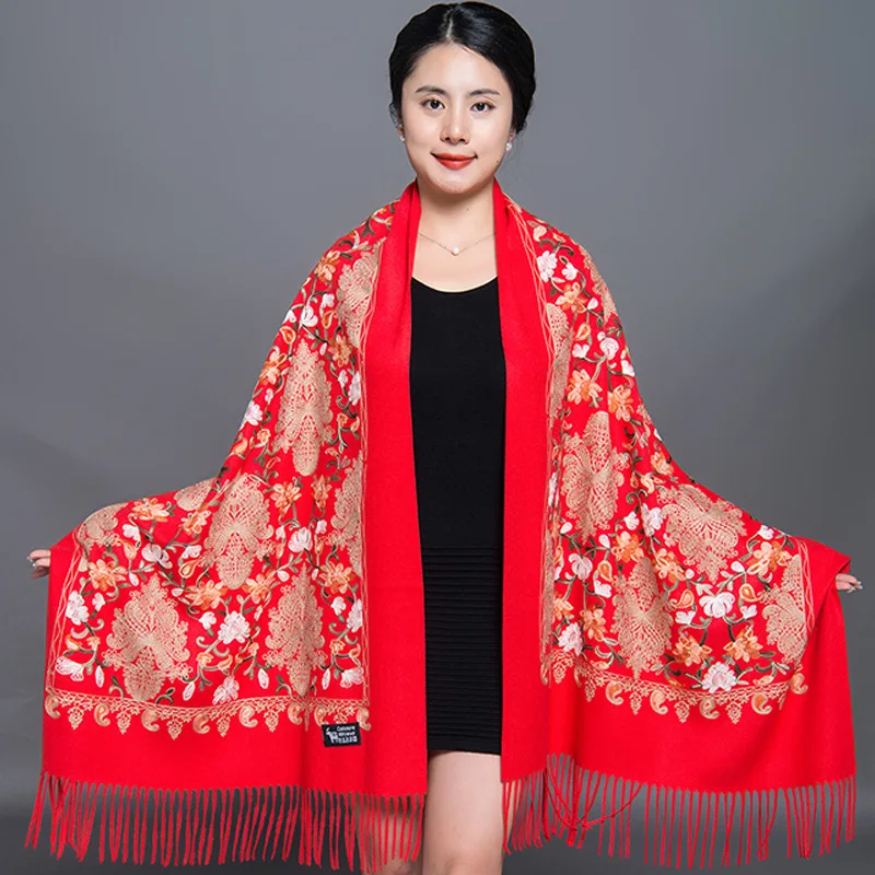 Women Red Embroidery Floral Pashmina Cashmere Scarf Warm Winter Lady Tassel Shawl Long Soft Comfortable Blanket Scarves Wraps