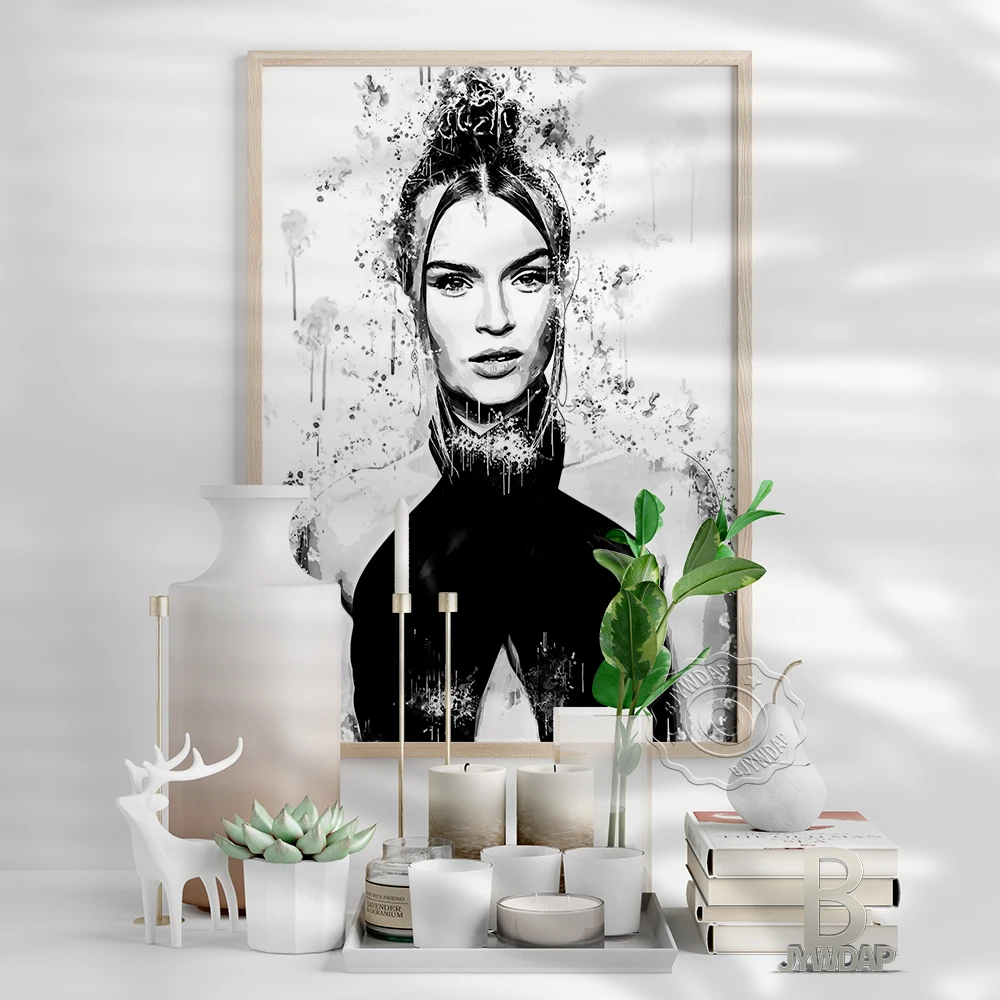 Josephine Skriver Danish Model Printing Poster, Elegant Goddess Black White Watercolour Art Prints, Minimalism Nordic Home Decor