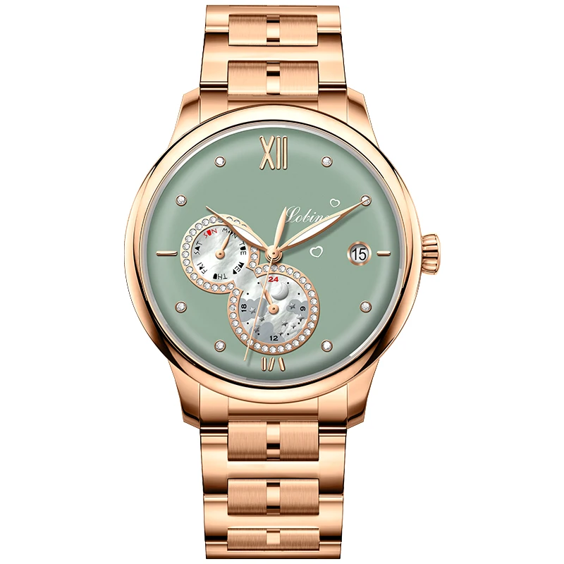 LOBINNI New Fashion Ladies Automatic Mechanical Watch Rose gold Stainless Steel Strap Date Week Waterproof Women's Watch
