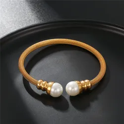 New Brand Bangle No Fade Gold Color Stainless Steel Bangle Jewelry Inlay Pearl Beaded Women Open Cuff Bangles Bracelets