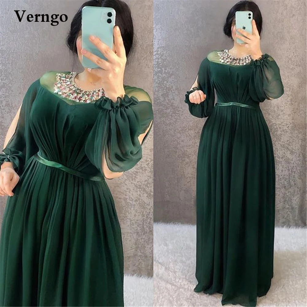 

Verngo Emerald Green Chiffon Evening Dress Puff Long Sleeves O-Neck Colored Crystal Women Prom Dresses Plus Size Party Gowns