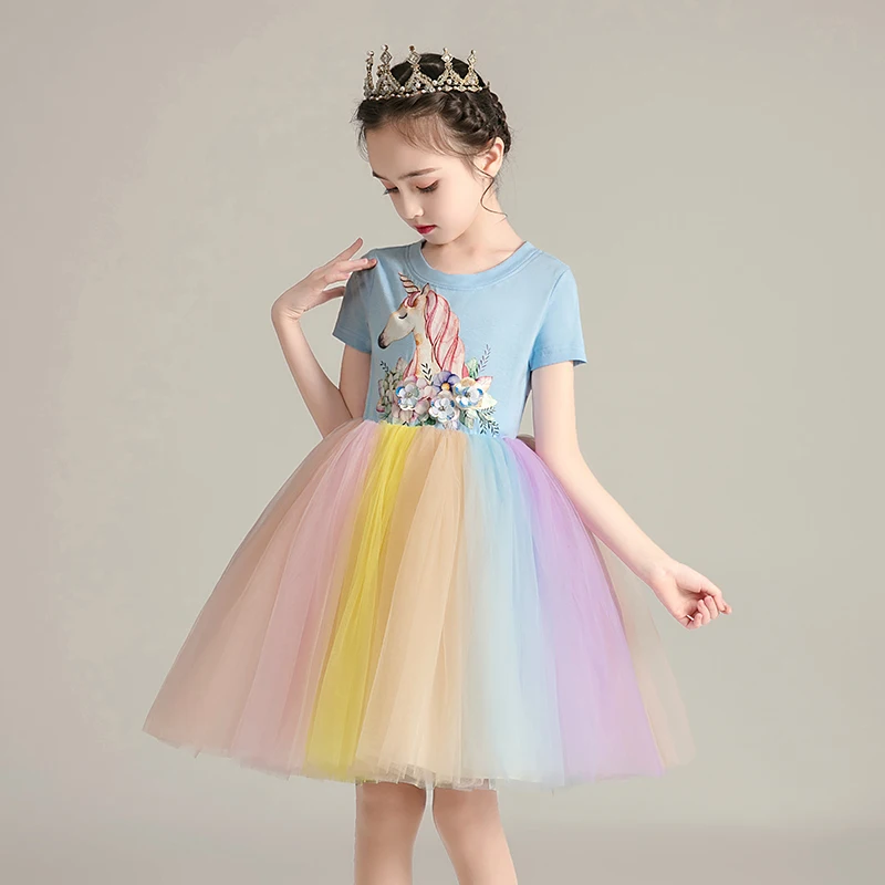 Toddler Girls Tutu Dress Unicorn Kids Birthday Party Dress Little Girls Rainbow Short Sleeve Dress Outfit for Summer Blush Pink