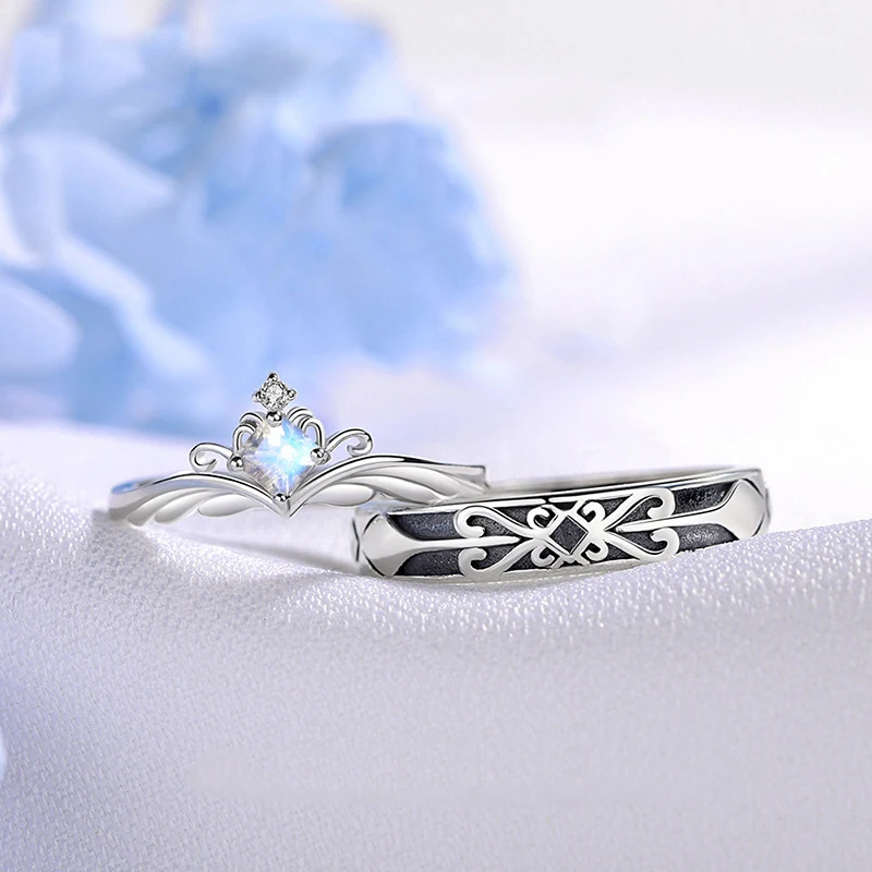 Fashionable S925 Silver Color Princess  Knight Moonstone Crown Couple Adjustable Rings Love Anniversary Gift 217