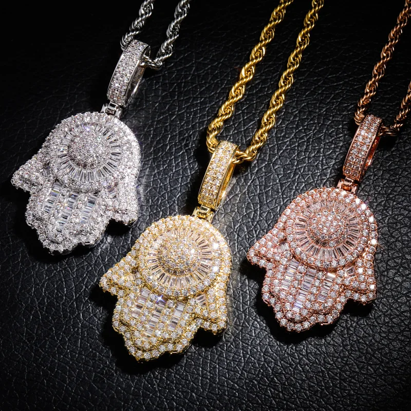 Full AAA+ Cubic Zirconia Paved Bling Ice Out Fatima Hand Amulet Pendants Necklaces for Men Women Hip Hop Rapper Jewelry