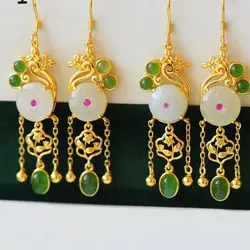 Original new silver inlaid Hetian jade jasper tassel earrings Chinese style retro charm ladies brand silver jewelry