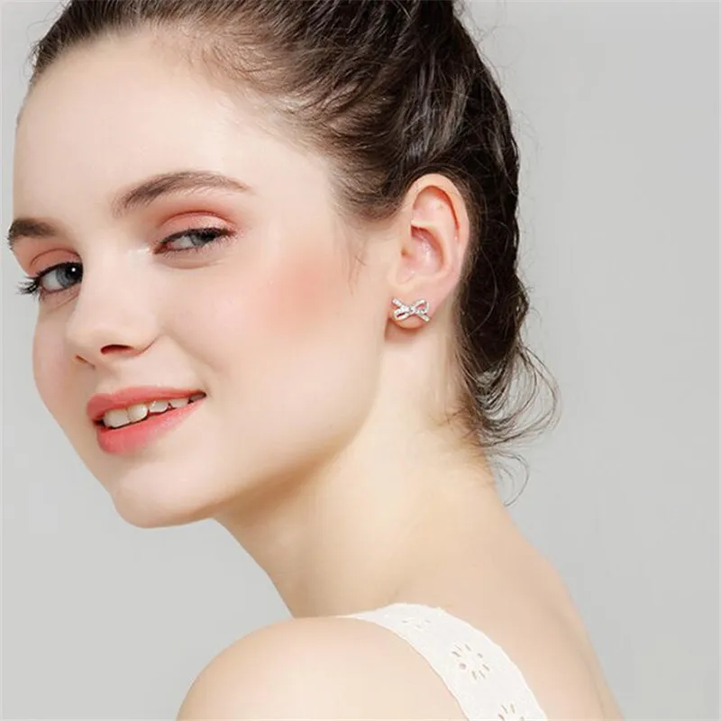 New Fashion Bright Temperament 925 Sterling Silver Jewelry Bow Bowknot Sweet Female Crystal Zircon Earrings  E213