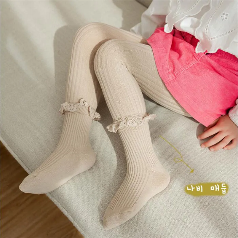 Elegant Princess Girls Pantyhose Spring Fall Cotton Ribbed Lace Cuff Kids Tights for Girl Clothes Toddler Stocking Leggings 1-9y