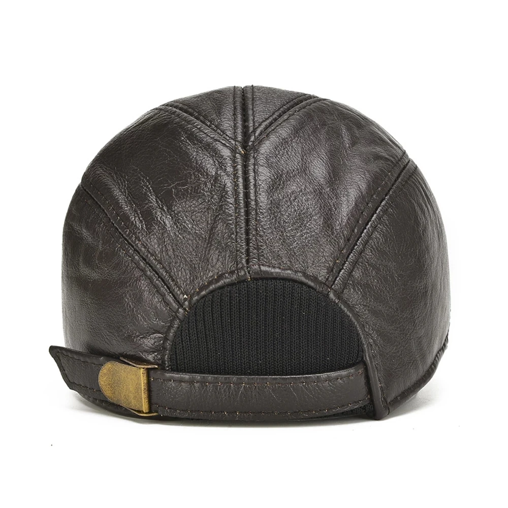 Brand Men Casual Real Leather Earflap Cap Men Real Cowhide Leather Caps Male Fall Winter Genuine Real Cow Leather Baseball Hats