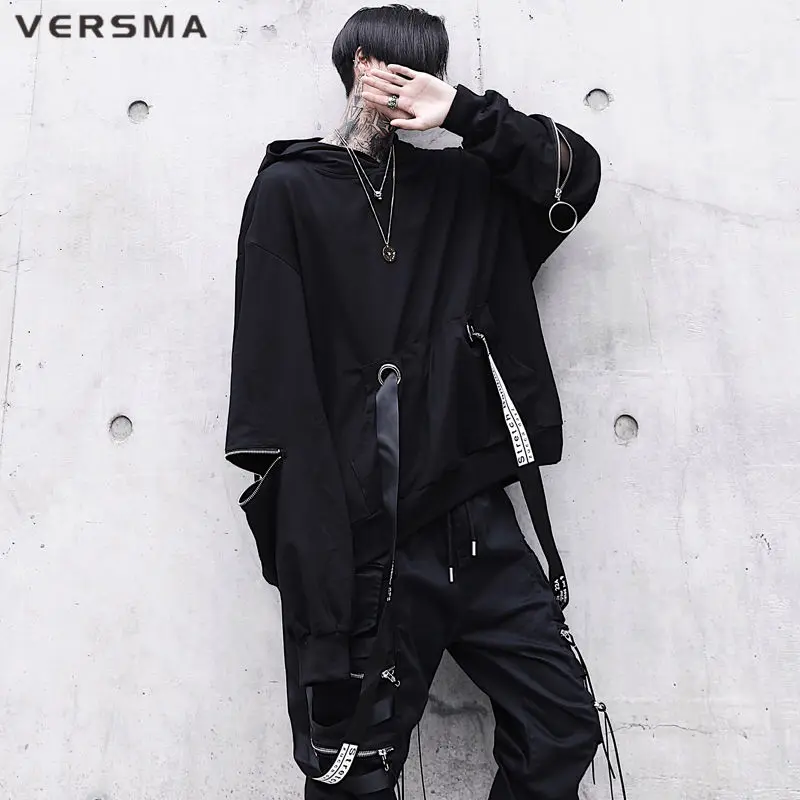 

VERSMA Japanese Harajuku Ribbon Zipper Patchwork Hoodies Sweatshirts Men Hip Hop Punk Oversized Gothic Pullover Men Dropshipping