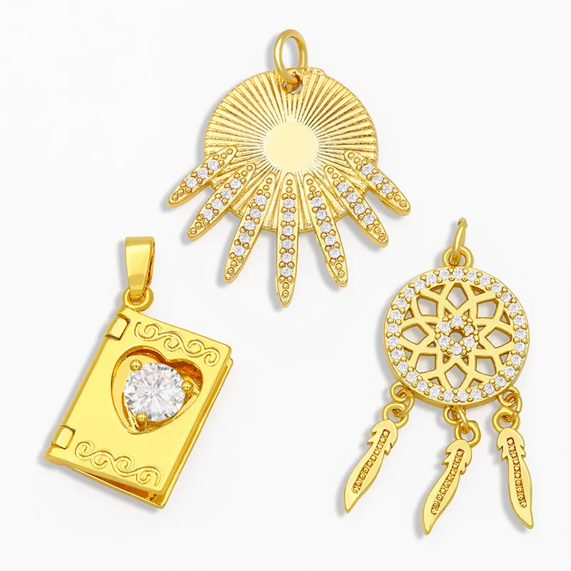 OCESRIO Copper CZ Gold Sun Locket Necklace Charms for Jewelry Making Dream Catcher Pendant Charms for Neckalce Wholesale pdta194