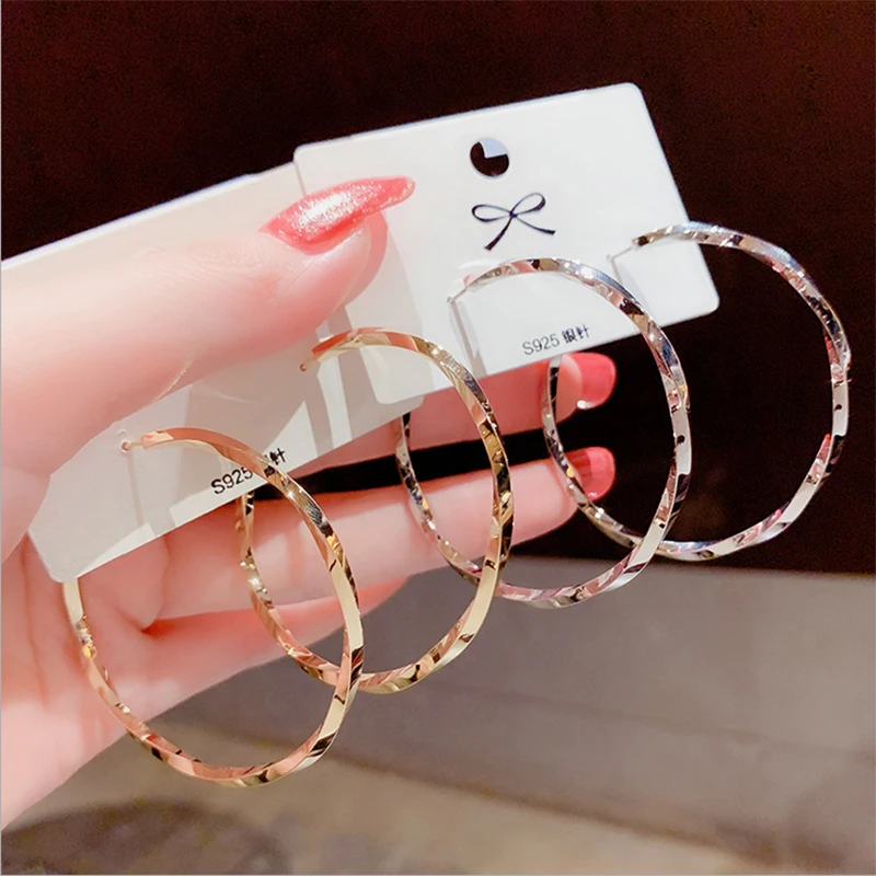 South Korean Style New Twisted Texture Circle Earrings Big Ring S925 Ear Loop Women  Fashion Jewelry