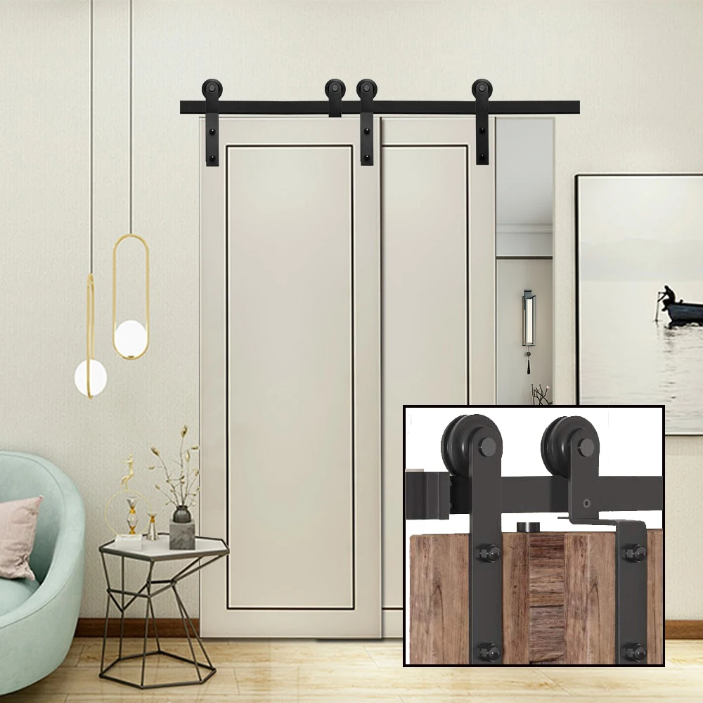 Haccer I-Shaped Bent Sliding Barn Door Hardware 4-16FT Black Track Roller System for Kitchen Door Intreior Door