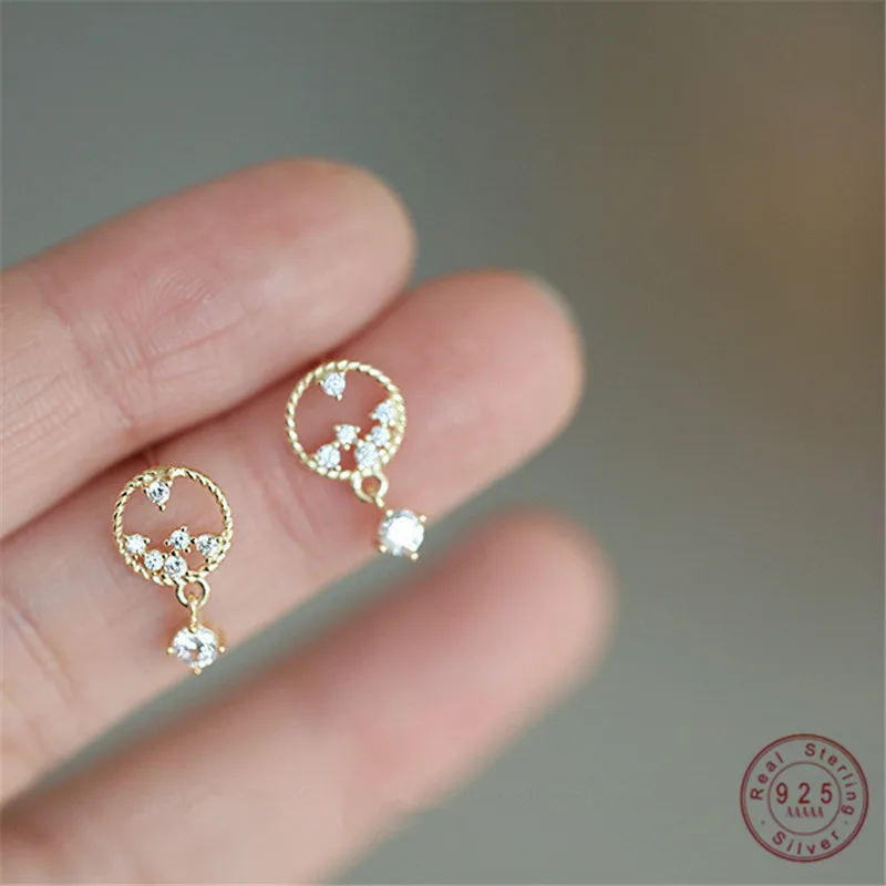 

925 Sterling Silver Korean Version Simple Mysterious Star Earrings Pavé Crystal Party 14k Gold Plating Jewelry Girlfriend Gift