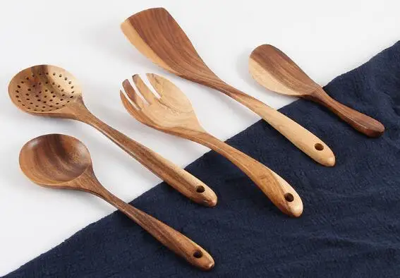 10 Kitchen Utensils with Wooden Long Handle Fried Vegetable Pot, Teak Scoop and Teak Tablespoon