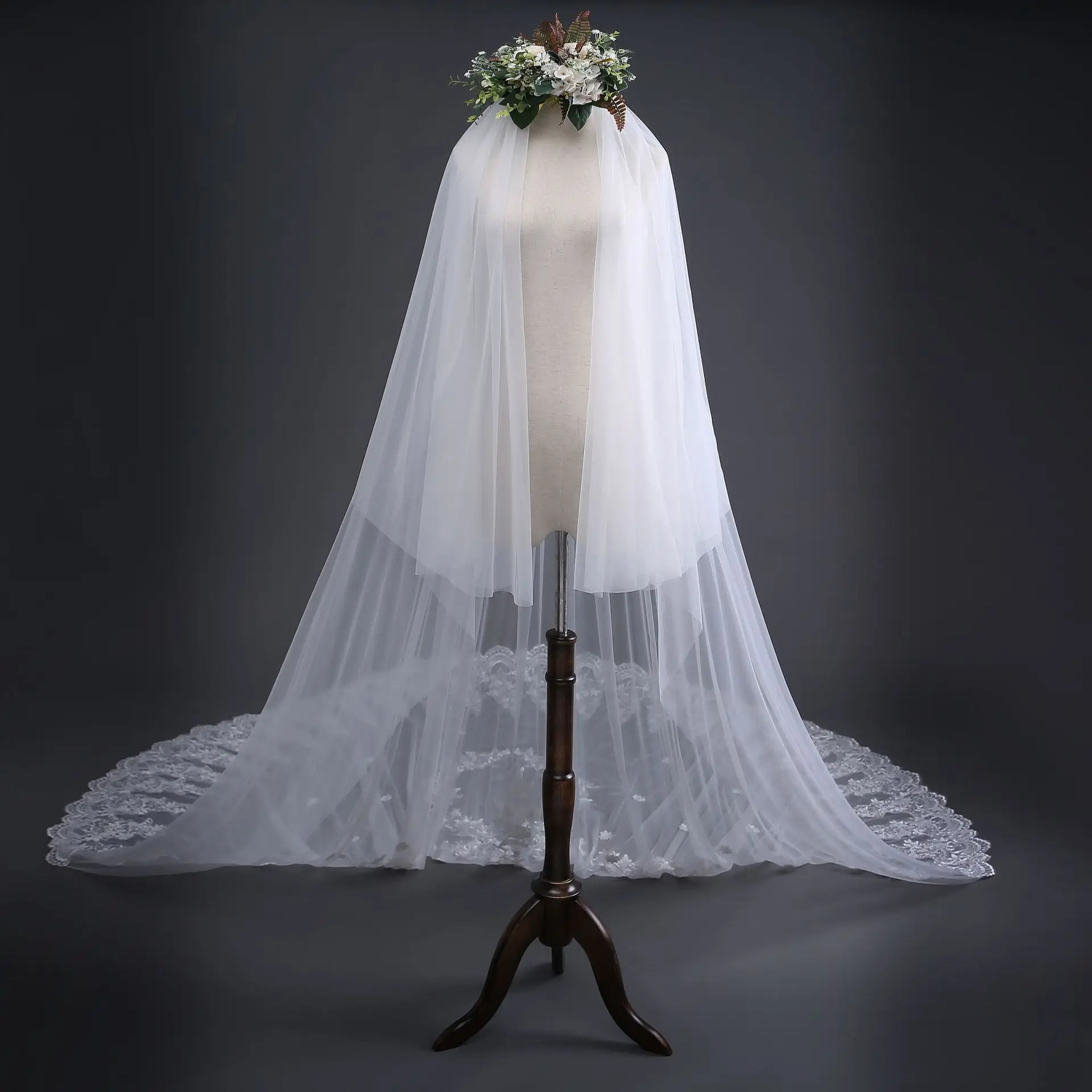 JaneVini-velo de novia Vintage de dos capas, velos de boda de catedral de marfil, grandes de 3,8 M Apliques de encaje, accesorios de novia de Velium