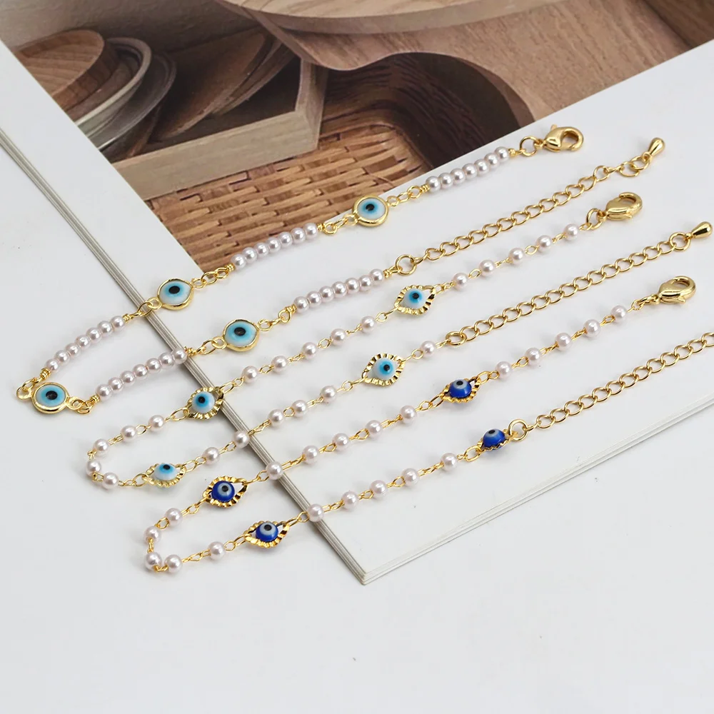 Lucky Eye Adjustable Simulated Pearl Beaded Bracelet Blue Turkish Evil Eye Charm Bracelet for Women Girls Fashion Jewelry BE462