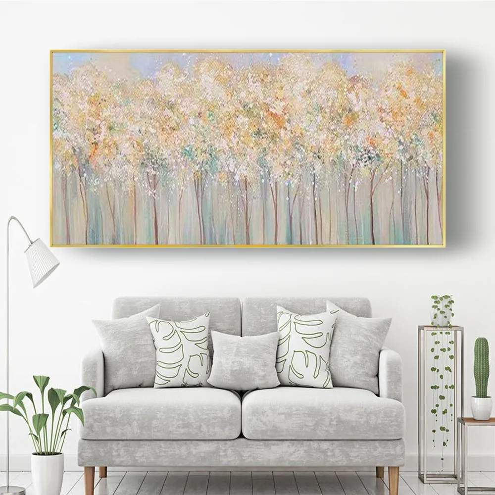 

Modern Hand-Painted Landscape Abstract Tree Gold Oil Painting On Canvas Wall Art Picture For Living Room Home Decor Poster Mural