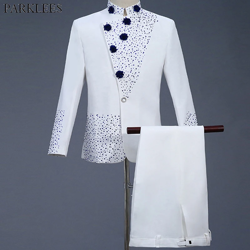 Mens White Suit Diamond Floral 2 Piece Men Wedding Groom Tuxedo Suit Mens Suits with Pants Party Slim Fit Sets Singer Costume