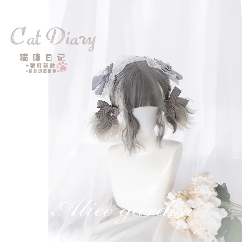 

High Quality Harajuku lolita wig "Cat Diary" cat ear silver gradient long curly hair wig