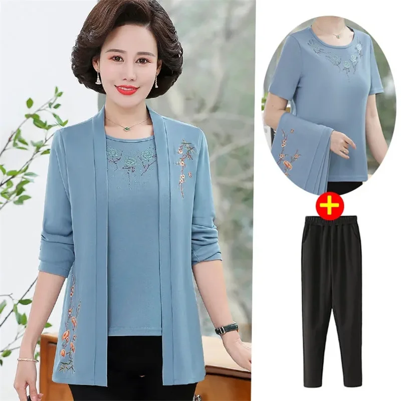 2PCS/Set Middle Age Women Long Sleeve Knitted Cardigan Top + T-shirt Spring Autumn Mother Clothing Camisetas Mujer Suit 5XL