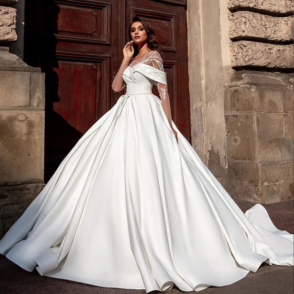 Vestidos De Novia Satin Ball Gown Wedding Dress Long Sleeve Robe De Mariage Beading Appliques Brautkleid Illusion Back Trouwjurk