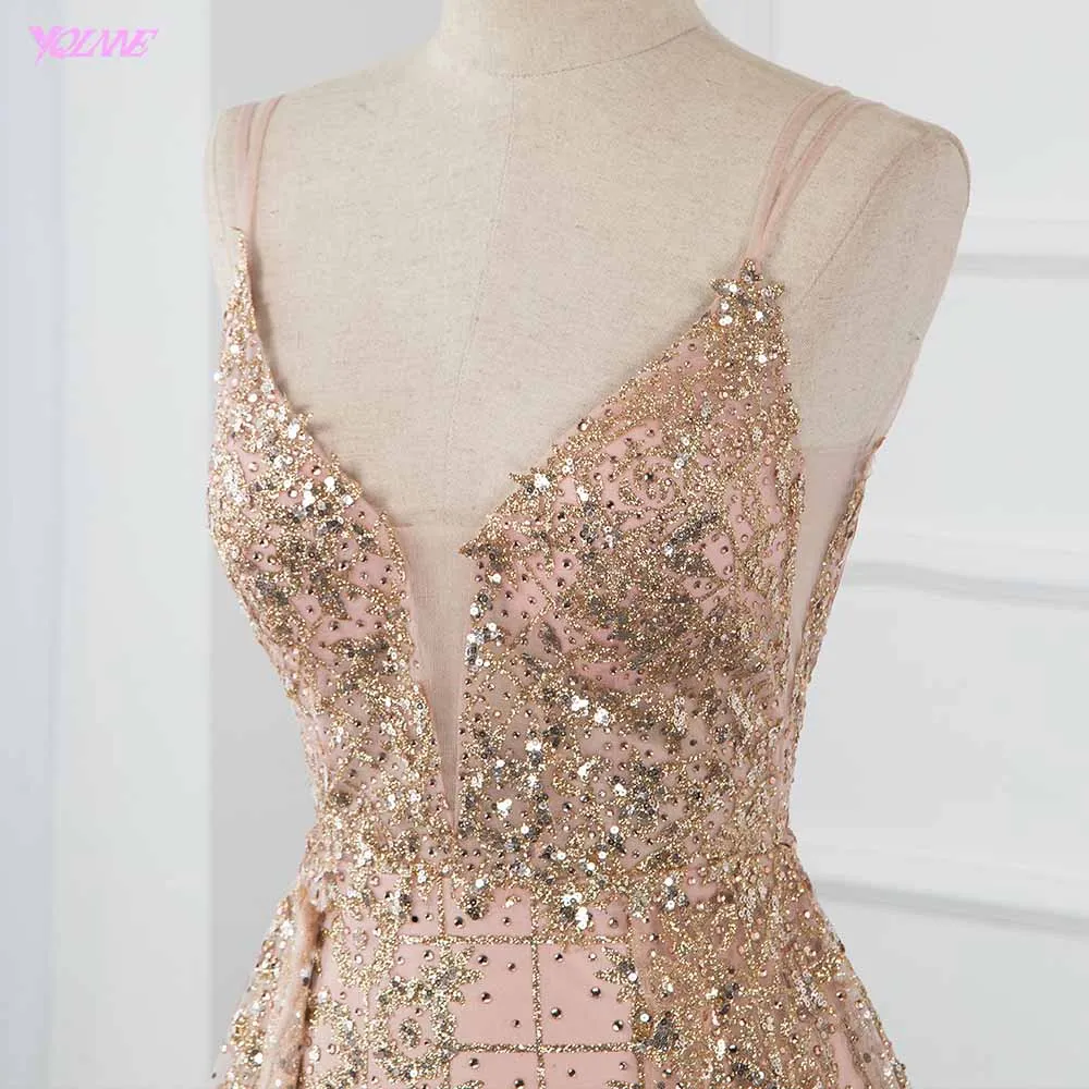 YQLNNE Sexy Straps Long Prom Dresses Sparkly Rose Gold Crystals Tulle Sweet Party Dress Backless Formal Dance Dress