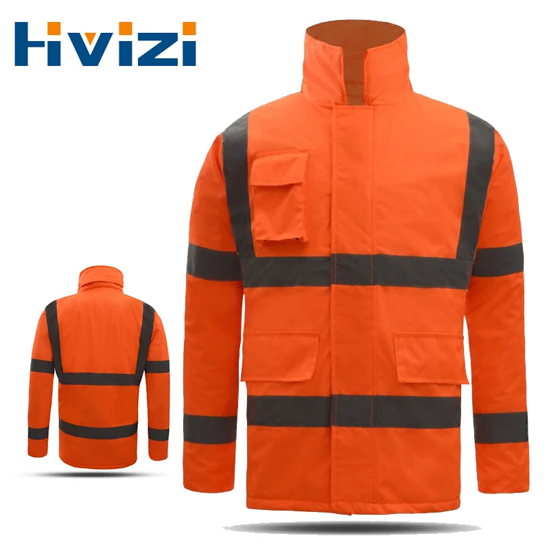 

Waterproof Reflective Rain Jacket Winter Warm Reflective Safety Jacket High Visibility with Hideaway Hood and Stand Up Collar