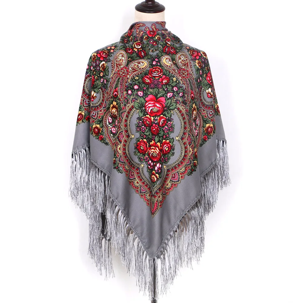 Scarf Russian Shawl Women\'s Head Wrap Hijab Babushka Ukrainian Scarves Square Blankets Tassel Retro Handkerchief Foulard Femme