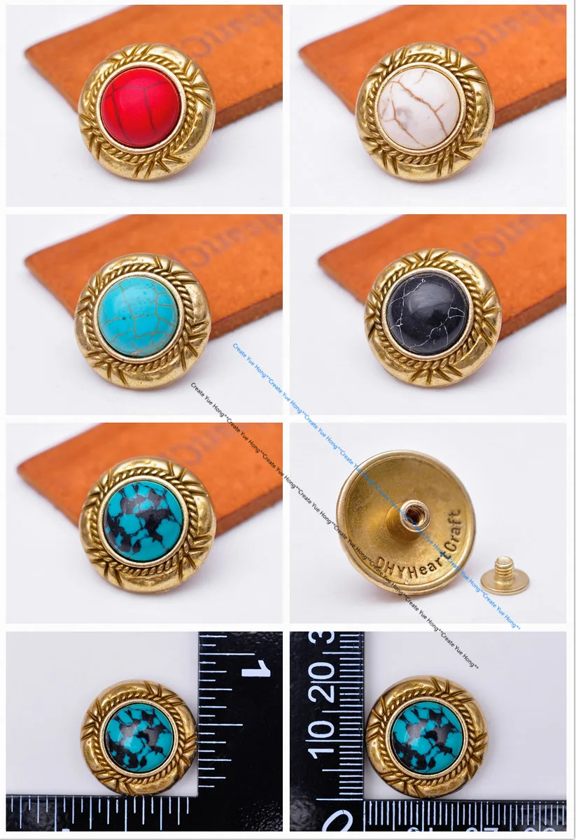 Lot 10X Metal Brass Turquoise Stone Conchos Flower Carved Decoration Buttons for Leather Craft Bag Saddle Belt Decor Screwback