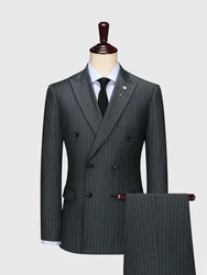 100% wool double breasted grey striped casual mens suits with pants wedding suits for men groom wear slim fit plus size 58