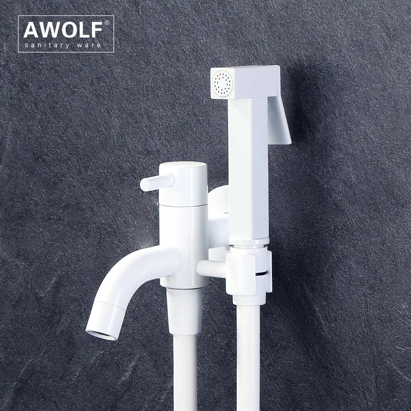 

Awolf White Solid Brass Bidet Faucet Handheld Toilet Bidet Sprayer System Square Shattaf Douche Kit Toilet Washer AP2301