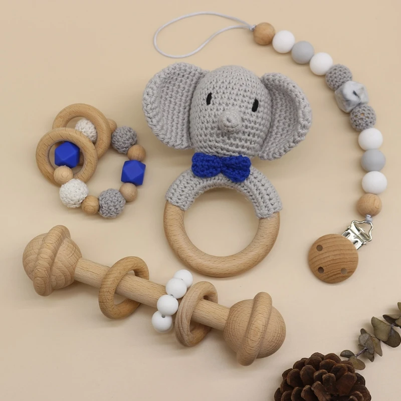 DIY Crochet Elephant Baby Teether BPA Free Silicone Beads Teething Bracelet Baby Pacifier Clip Rodents Wooden Baby Rattle Toys