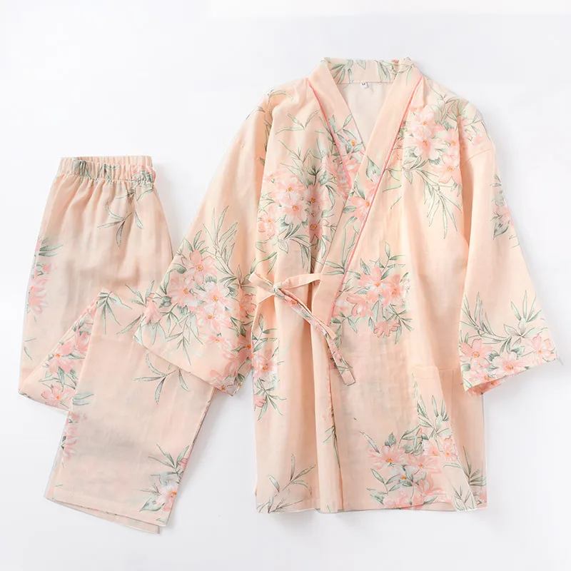 

2PCS Japanese Kimono Pajamas Set Pure Cotton fashion Women Autumn New Yukata Floral Printing Sweat Steaming Suit Lovers Clothing