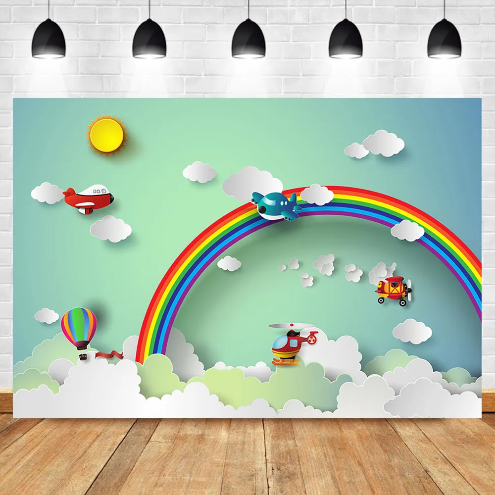 

Mocsicka Baby Newborn Blue Sky White Clouds Photography Backdrops Studio Shoots Rainbown Vintage Aircraft toy Photo Background