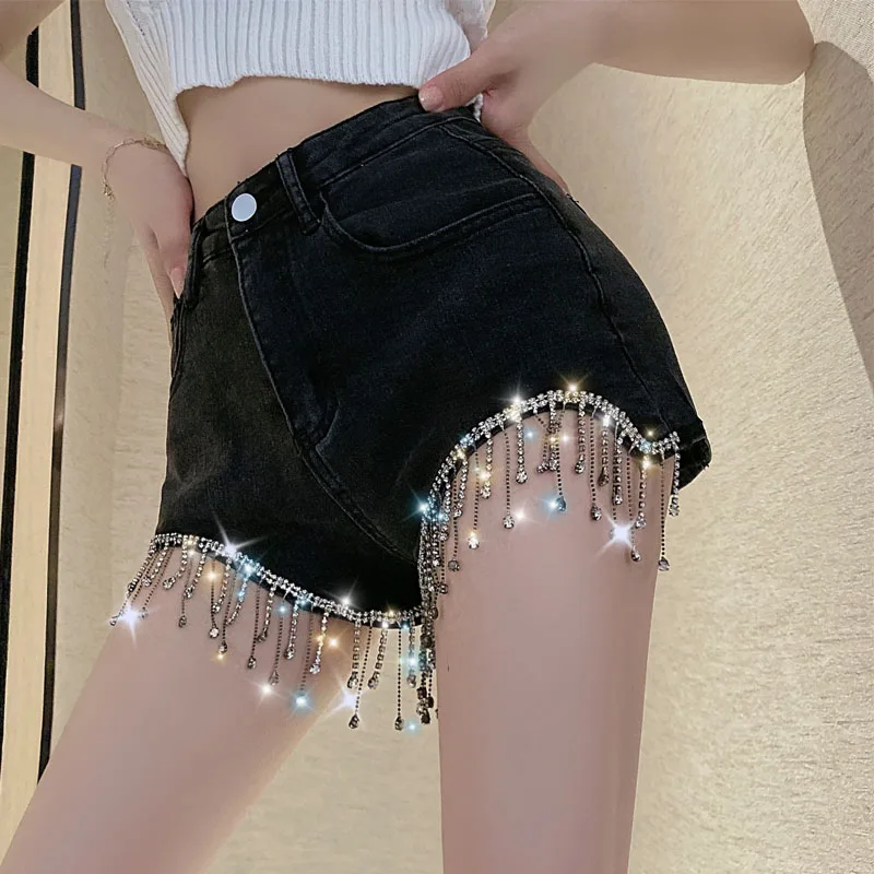 Hot Shorts Sexy short Jeans Women Tassels Nail Diamond shorts Hollow Out Bandage Punk High Waist Slim Black denim shorts Women