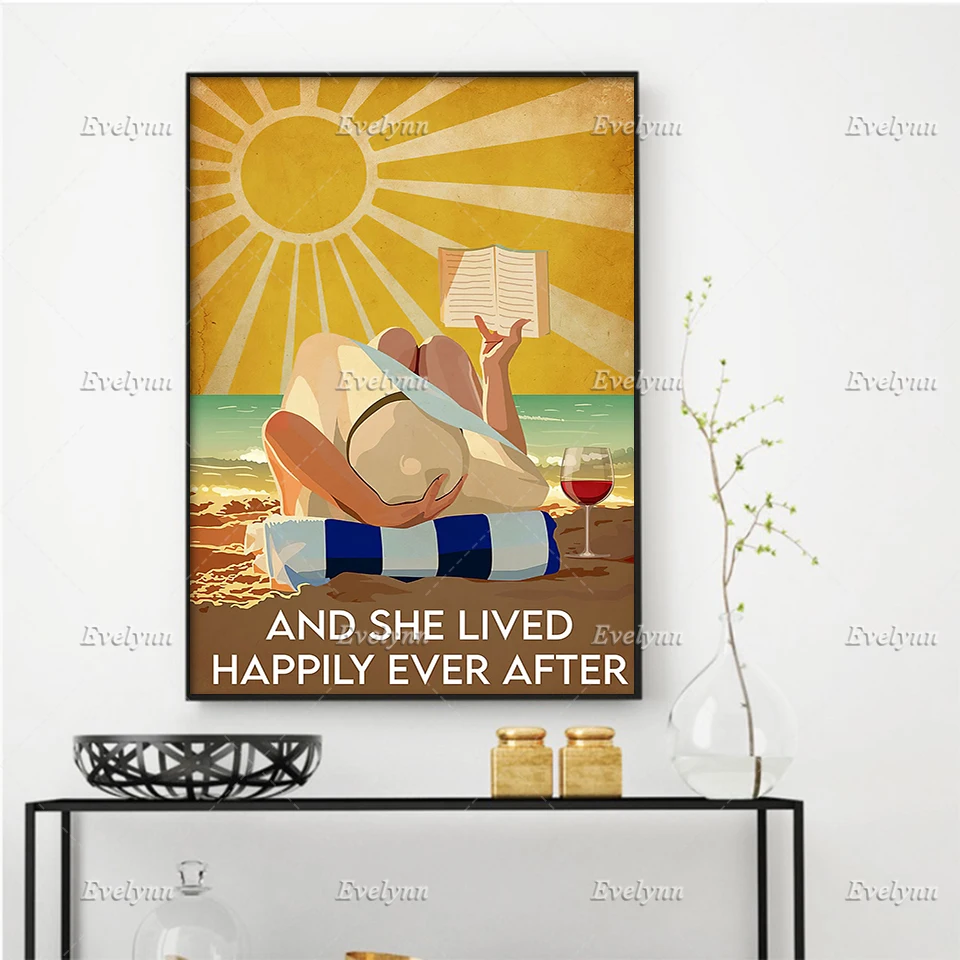 Girl At Ocean Poster Girl Love Book And Wine Poster And She Lived Happily Ever After Prints Home Decor Canvas Floating Frame