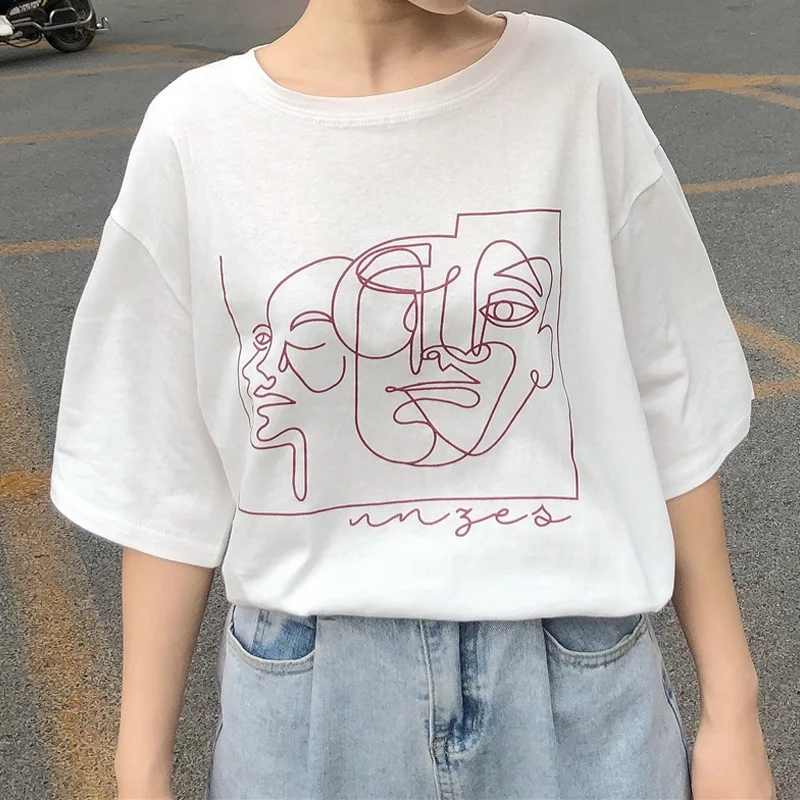 kuakuayu HJN Women's Korean Fashion Faces Art Drawing T-Shirt Aesthetic Street Style Ulzzang Tee 90s Lolita Kawaii Top