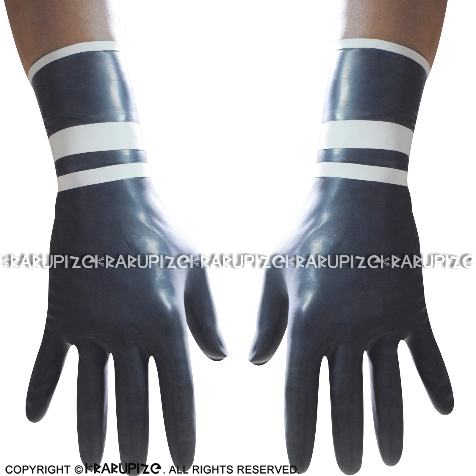 Black And White Trims Sexy Short Latex Gloves With Stripes At Bottoms Rubber Mittens ST-0047