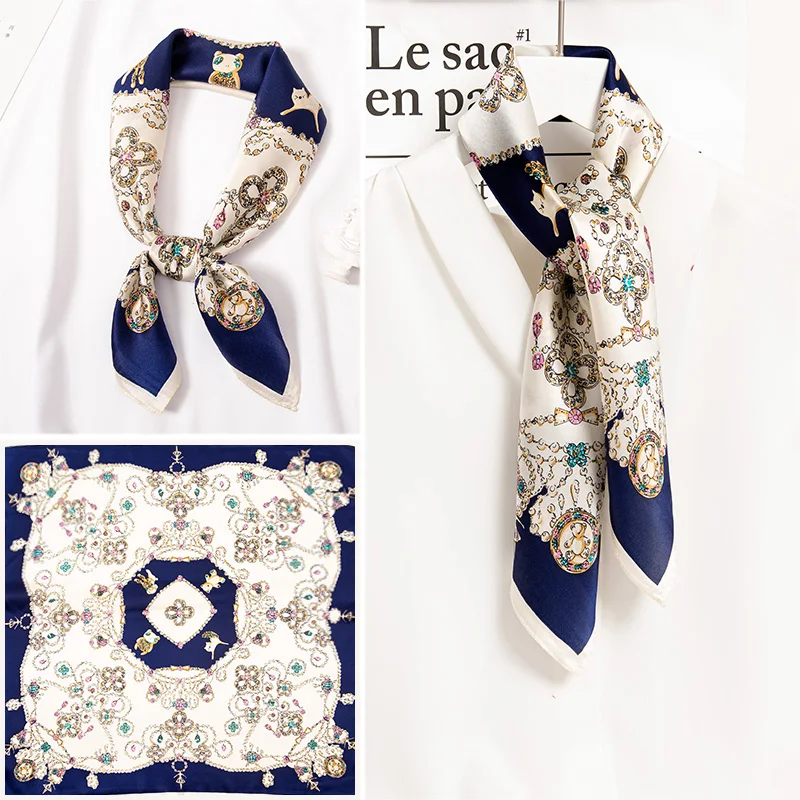 

65x65cm Natural Silk Square Headscarf Women Blue Print Foulard Pure Real Silk Small Bandana Square Scarf Hair Scarf Handkerchief