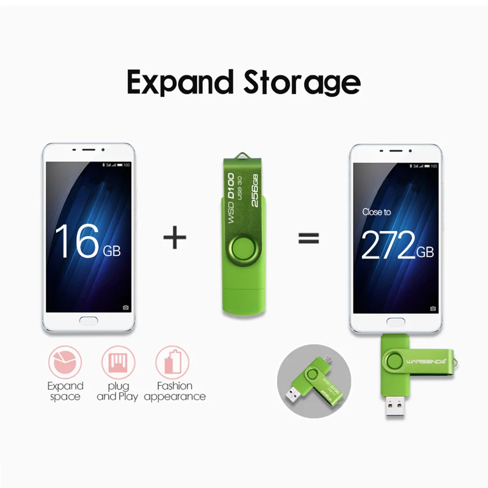 WANSENDA OTG USB 3.0 Flash Drives for Android/PC 8GB 16GB 32GB Pen Drive 64GB 128GB 256GB External Storage 2 in 1 Pendrive