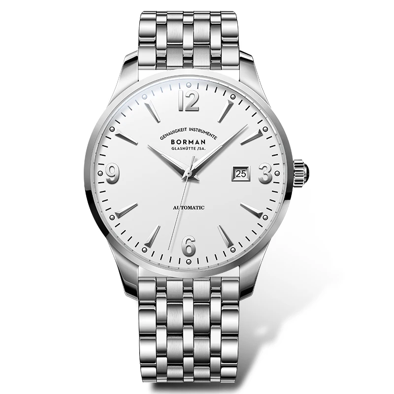 بورمان 316L الفولاذ المقاوم للصدأ الرجال التلقائي ساعات آلية مضيئة الأيدي الياقوت الزجاج مقاوم للماء 50 متر ساعة مع تاريخ ساعة