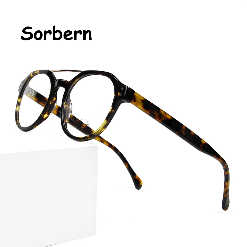 Brand Designer Round Tortoise Eyeglasses Frame Men Vintage Double Bridge Pilot Glasses Frames Acetate Myopia Eyewear For Women