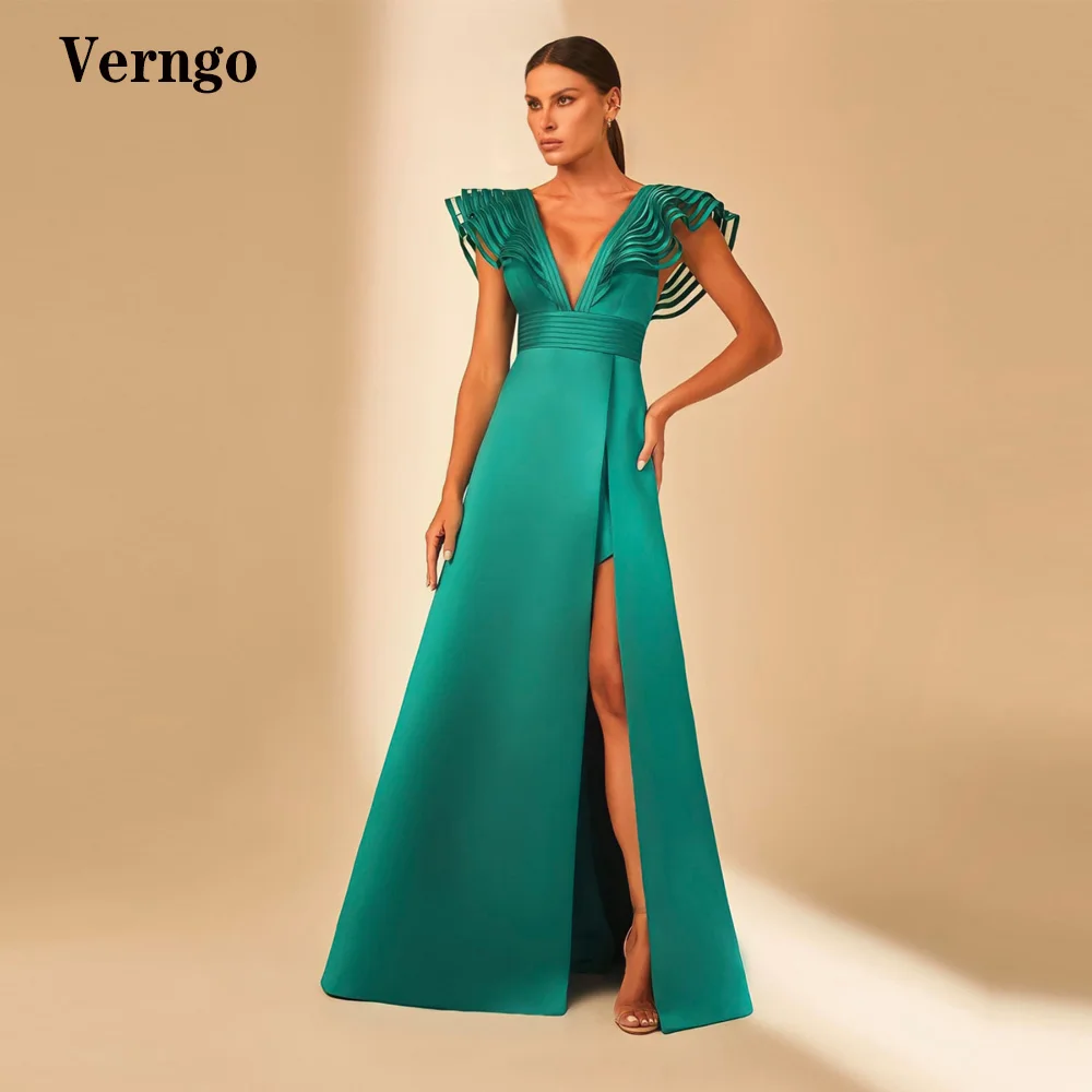 

Verngo Modern Green A Line Satin Evening Dresses Cap Sleeves V Neck Side Slit Long Prom Gowns Women 2023 Special Occasion Dress